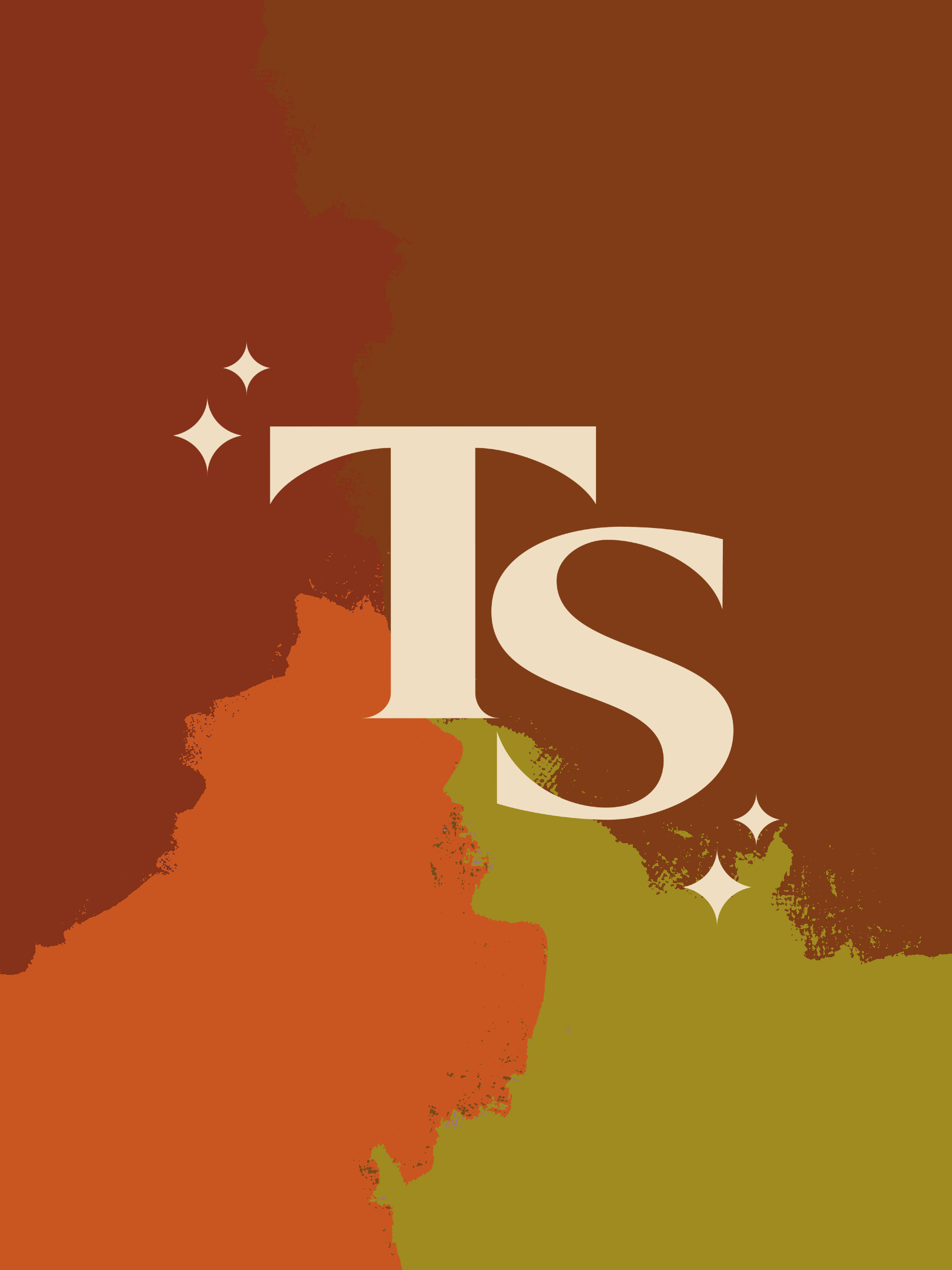 Trend Studio TS monogram on abstract rust, olive, and orange artwork